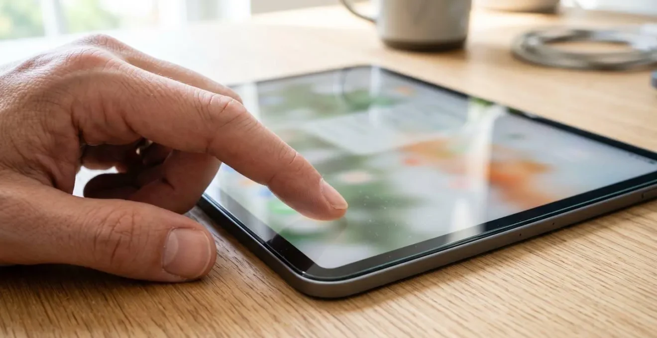 Gros plan sur une main utilisant une tablette moderne avec écran totalement flouté, posée sur une surface de travail contemporaine