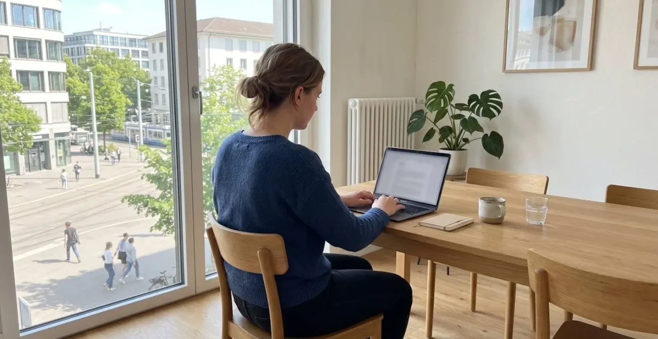 Vue de dos d'une personne consultant un ordinateur portable dans un intérieur moderne suisse avec lumière naturale