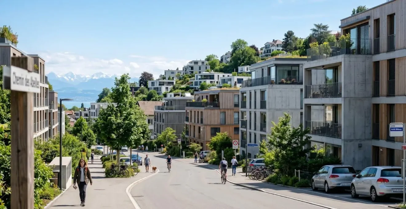 Vue d'un quartier résidentiel moderne de Lausanne avec immeubles contemporains et rues soignées sous un ciel clair