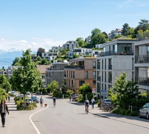 Vue d'un quartier résidentiel moderne de Lausanne avec immeubles contemporains et rues soignées sous un ciel clair
