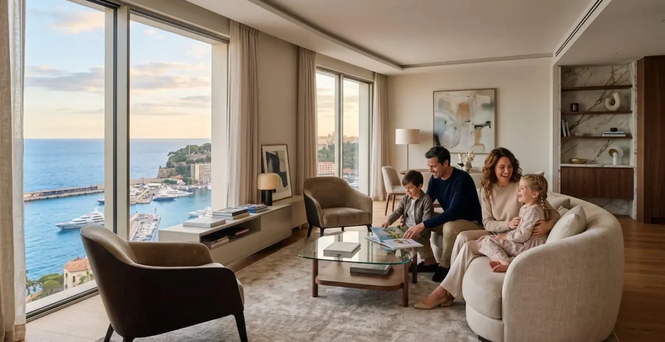 Famille aisée dans un salon spacieux avec vue sur la Méditerranée à Monaco