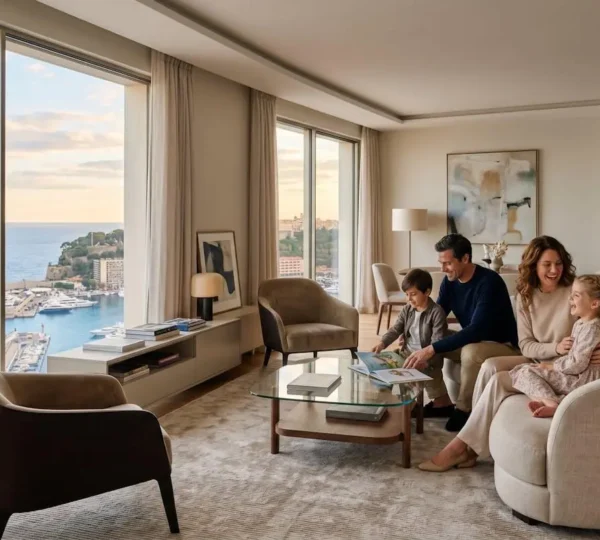 Famille aisée dans un salon spacieux avec vue sur la Méditerranée à Monaco