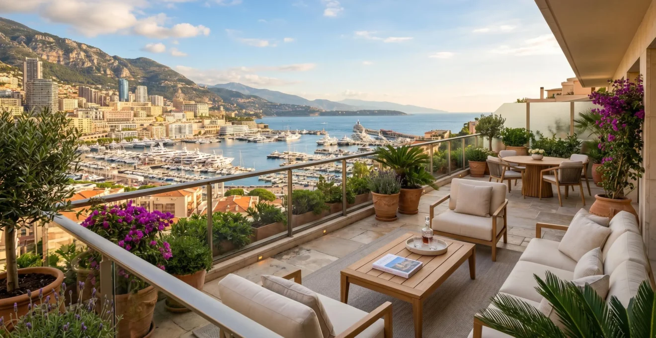 Grande terrasse d'un appartement familial 5 pièces avec vue sur le port de Monaco