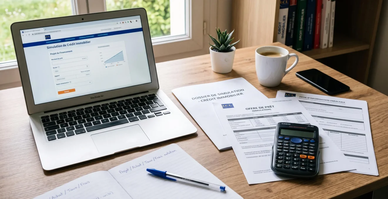 Documents de simulation de crédit immobilier et calculatrice disposés sur une table